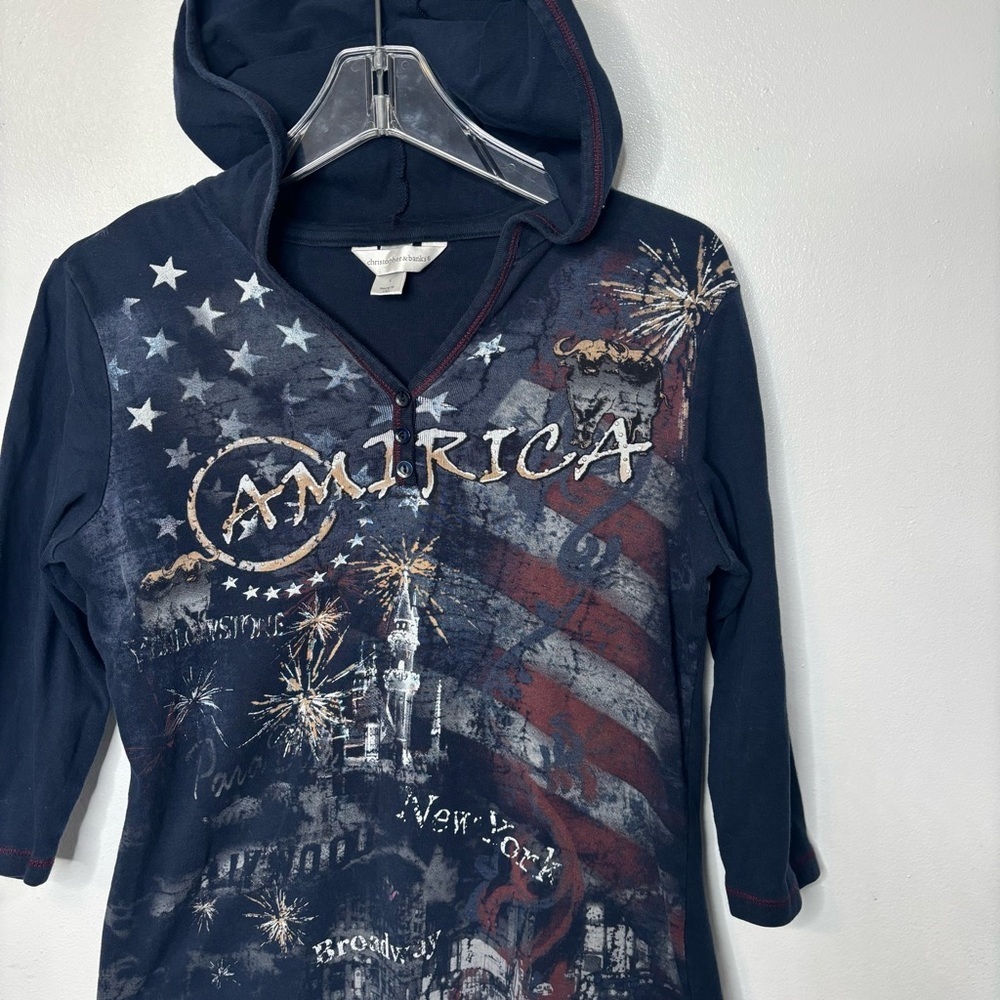Christopher & Banks Y2K Americana Hooded Henley Top S - Picture 2 of 9